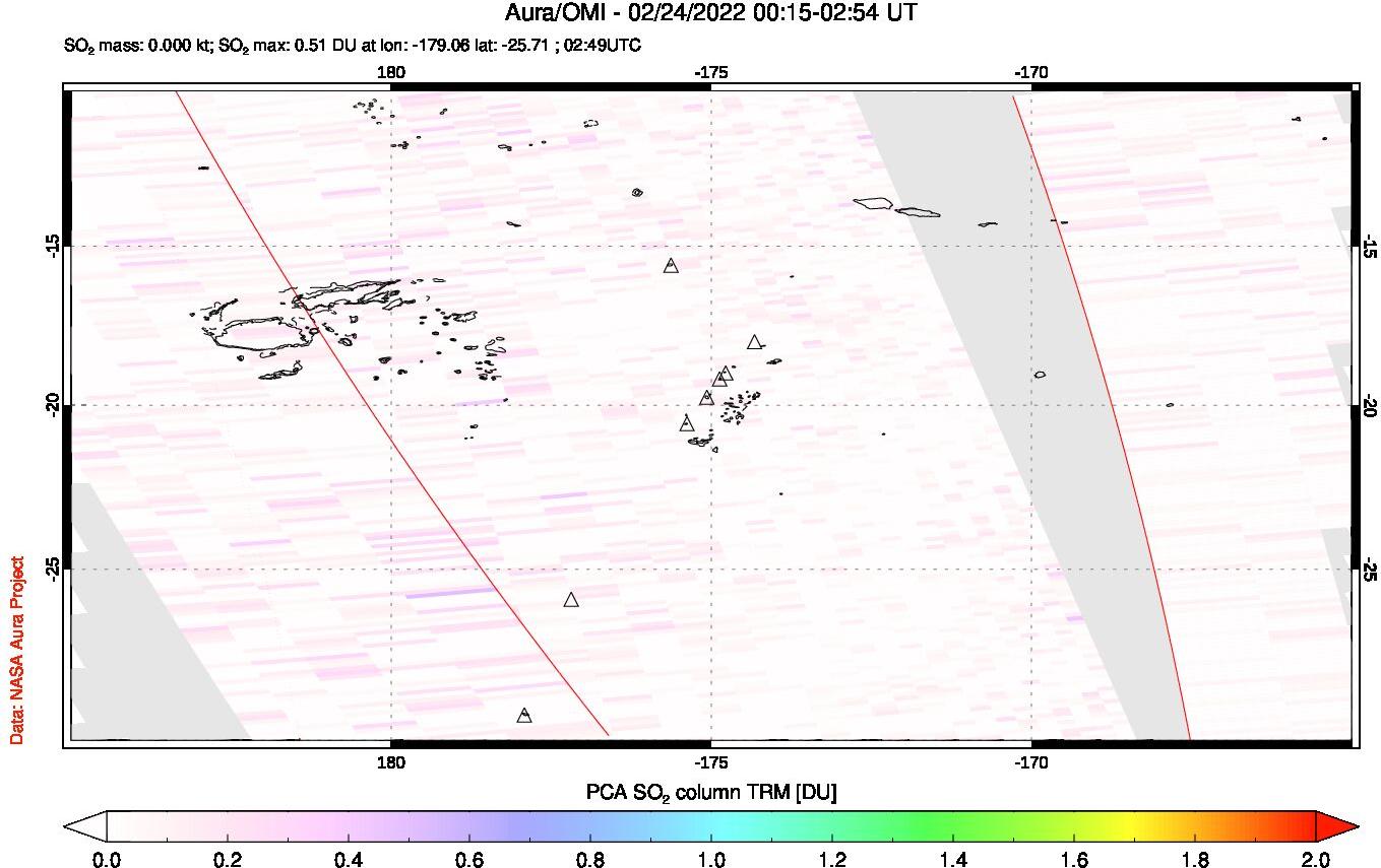 A sulfur dioxide image over Tonga, South Pacific on Feb 24, 2022.