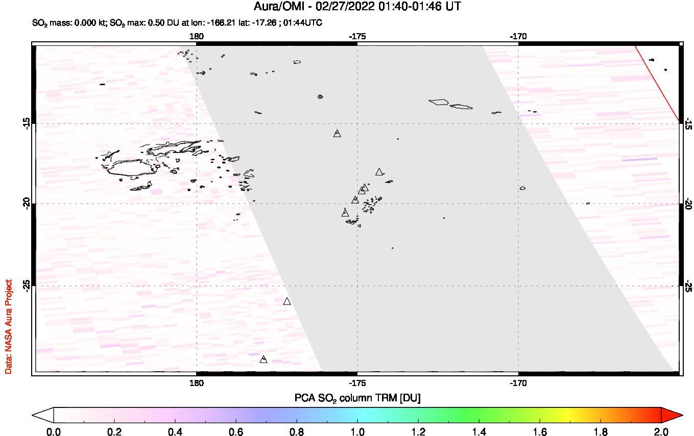A sulfur dioxide image over Tonga, South Pacific on Feb 27, 2022.