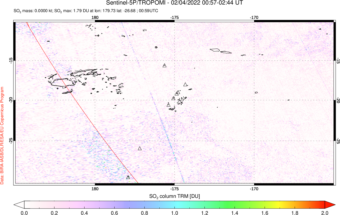 A sulfur dioxide image over Tonga, South Pacific on Feb 04, 2022.