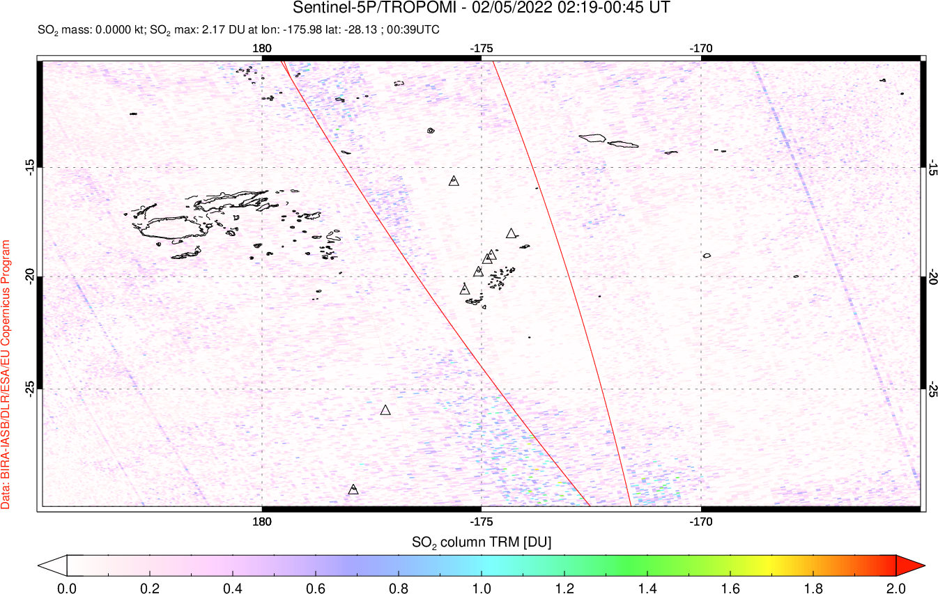 A sulfur dioxide image over Tonga, South Pacific on Feb 05, 2022.