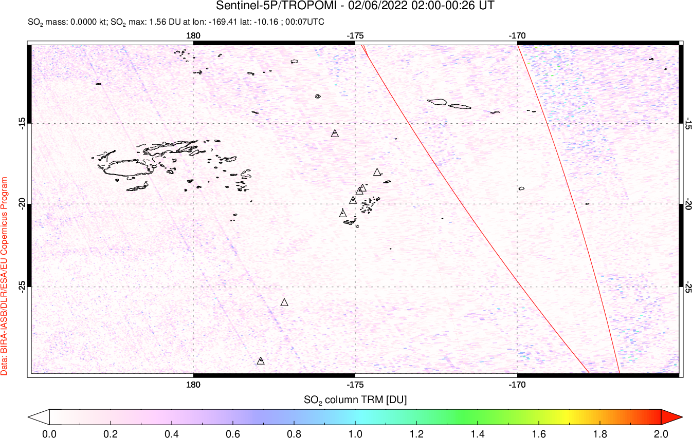 A sulfur dioxide image over Tonga, South Pacific on Feb 06, 2022.