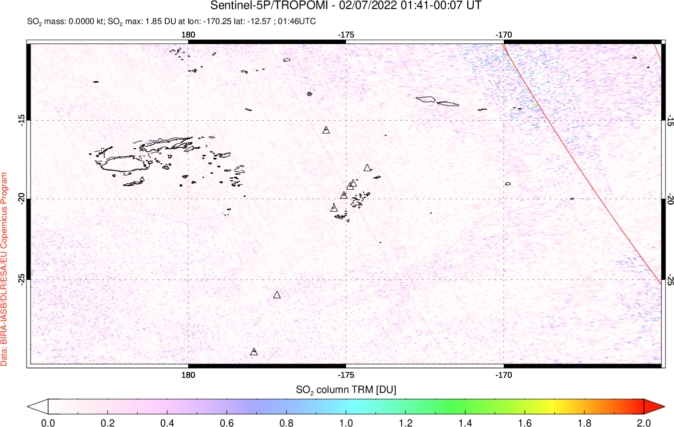 A sulfur dioxide image over Tonga, South Pacific on Feb 07, 2022.