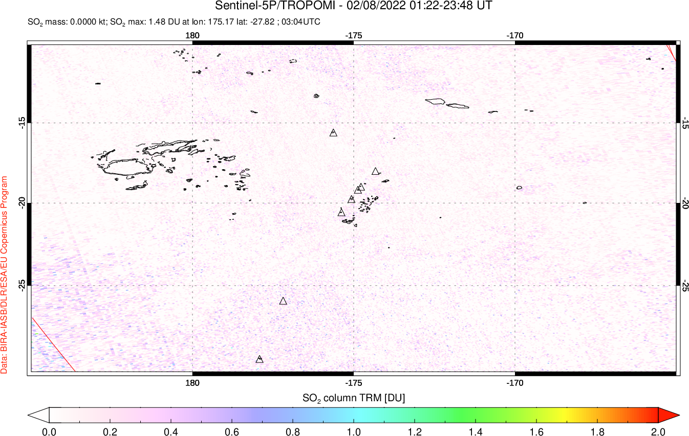A sulfur dioxide image over Tonga, South Pacific on Feb 08, 2022.