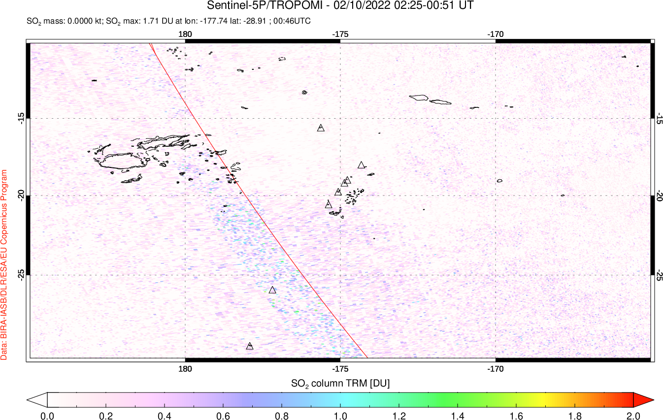 A sulfur dioxide image over Tonga, South Pacific on Feb 10, 2022.