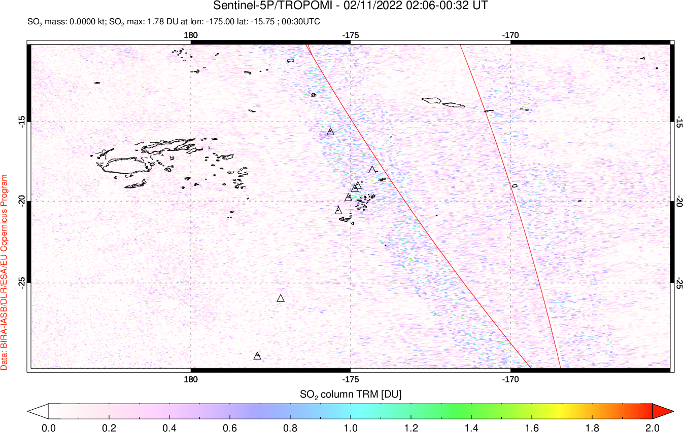 A sulfur dioxide image over Tonga, South Pacific on Feb 11, 2022.