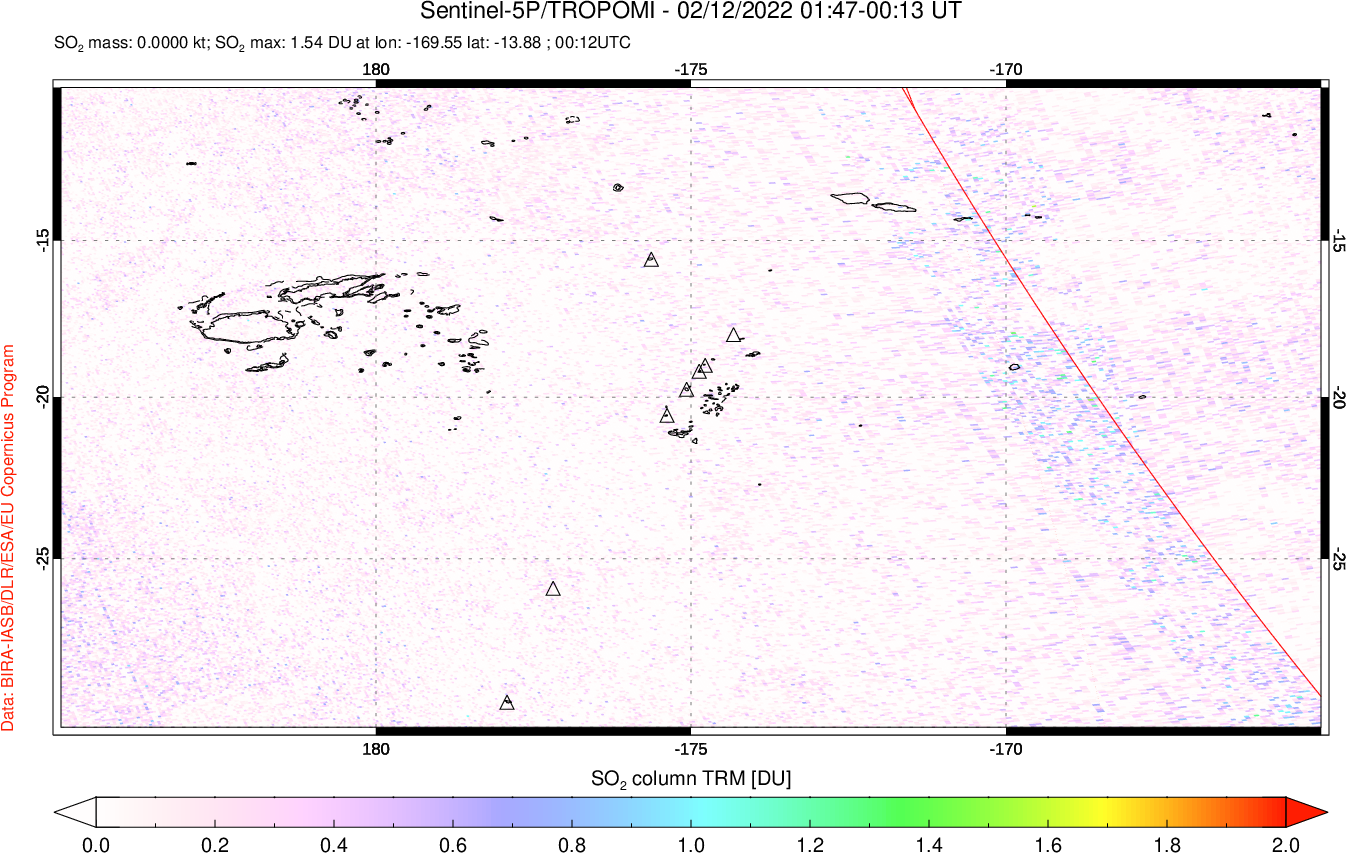A sulfur dioxide image over Tonga, South Pacific on Feb 12, 2022.