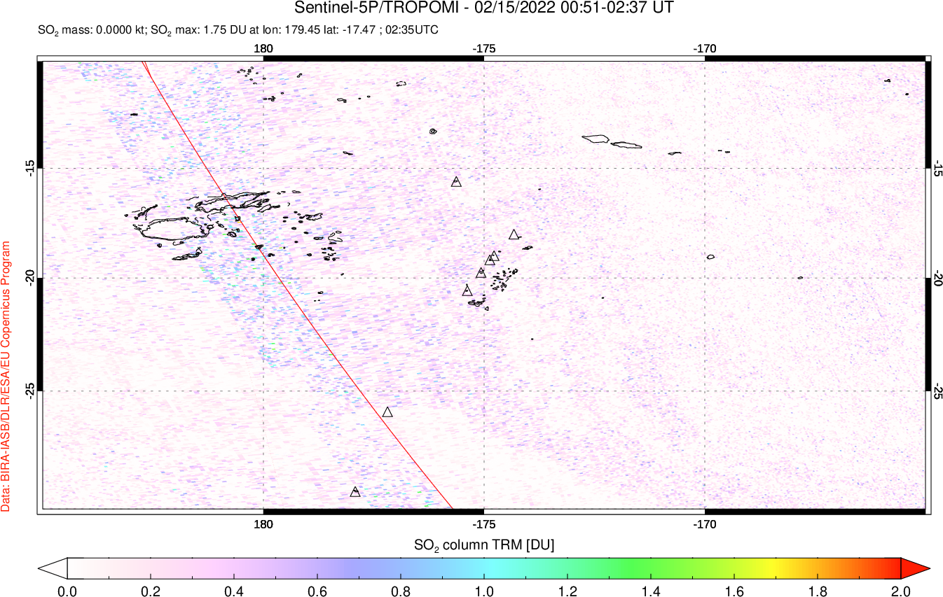 A sulfur dioxide image over Tonga, South Pacific on Feb 15, 2022.