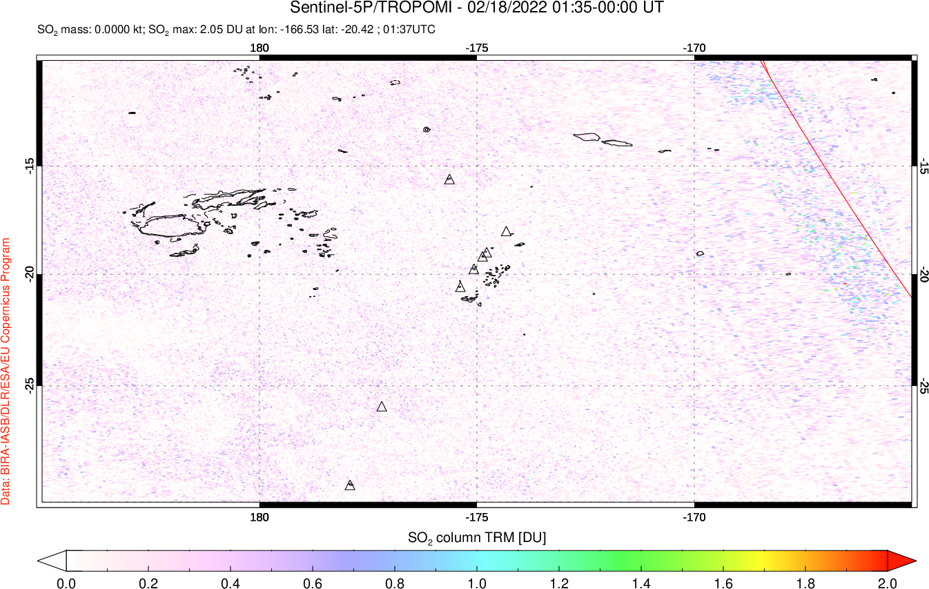 A sulfur dioxide image over Tonga, South Pacific on Feb 18, 2022.