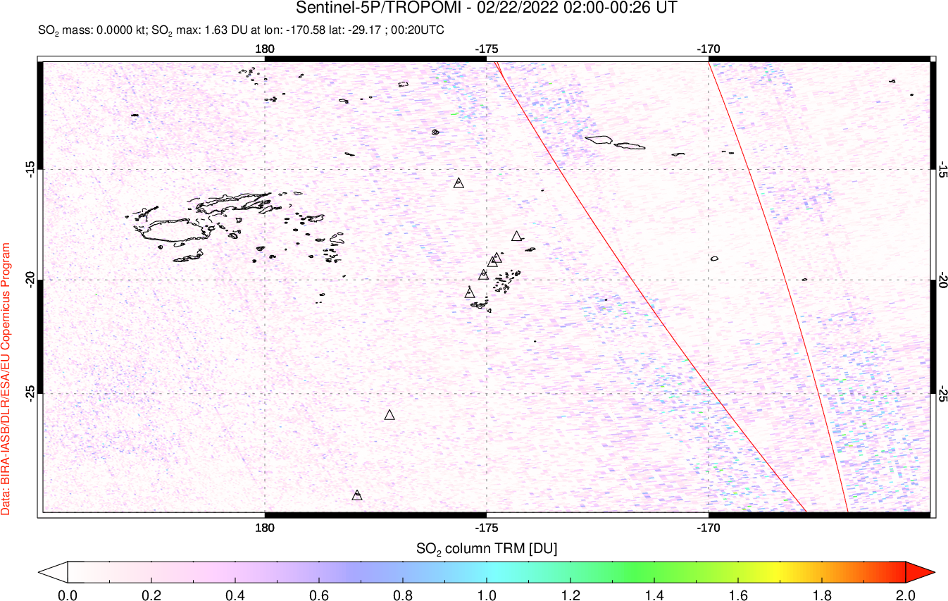 A sulfur dioxide image over Tonga, South Pacific on Feb 22, 2022.