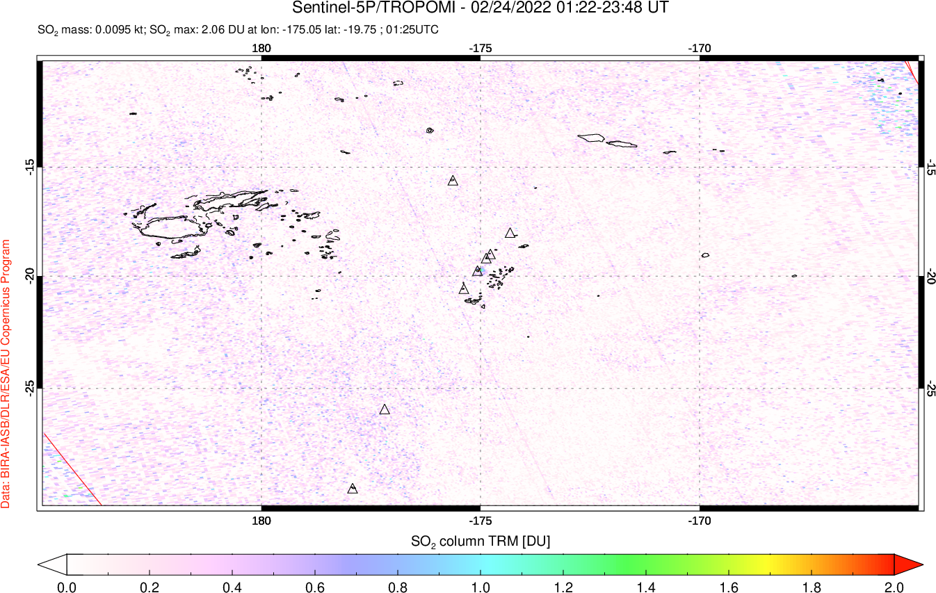 A sulfur dioxide image over Tonga, South Pacific on Feb 24, 2022.