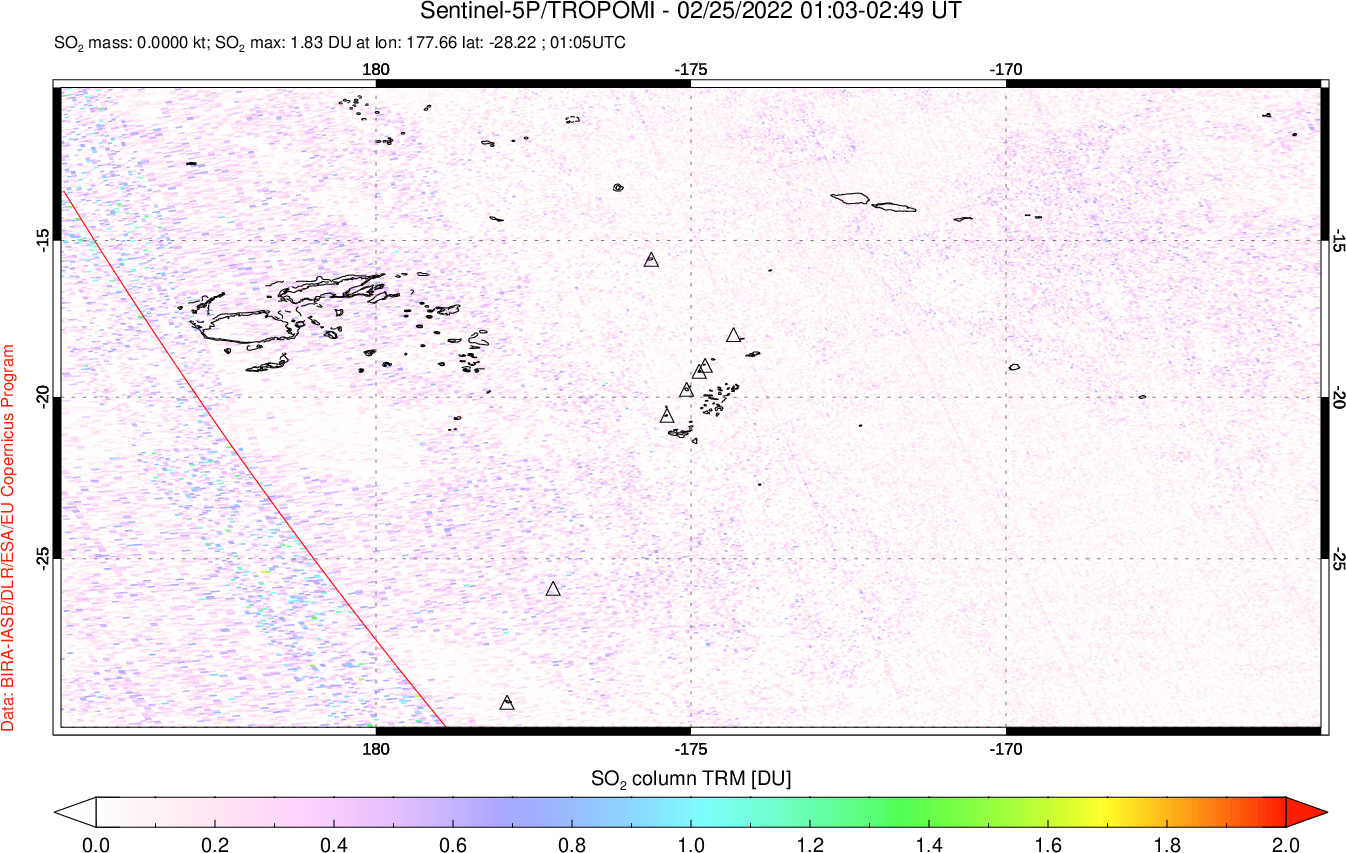 A sulfur dioxide image over Tonga, South Pacific on Feb 25, 2022.