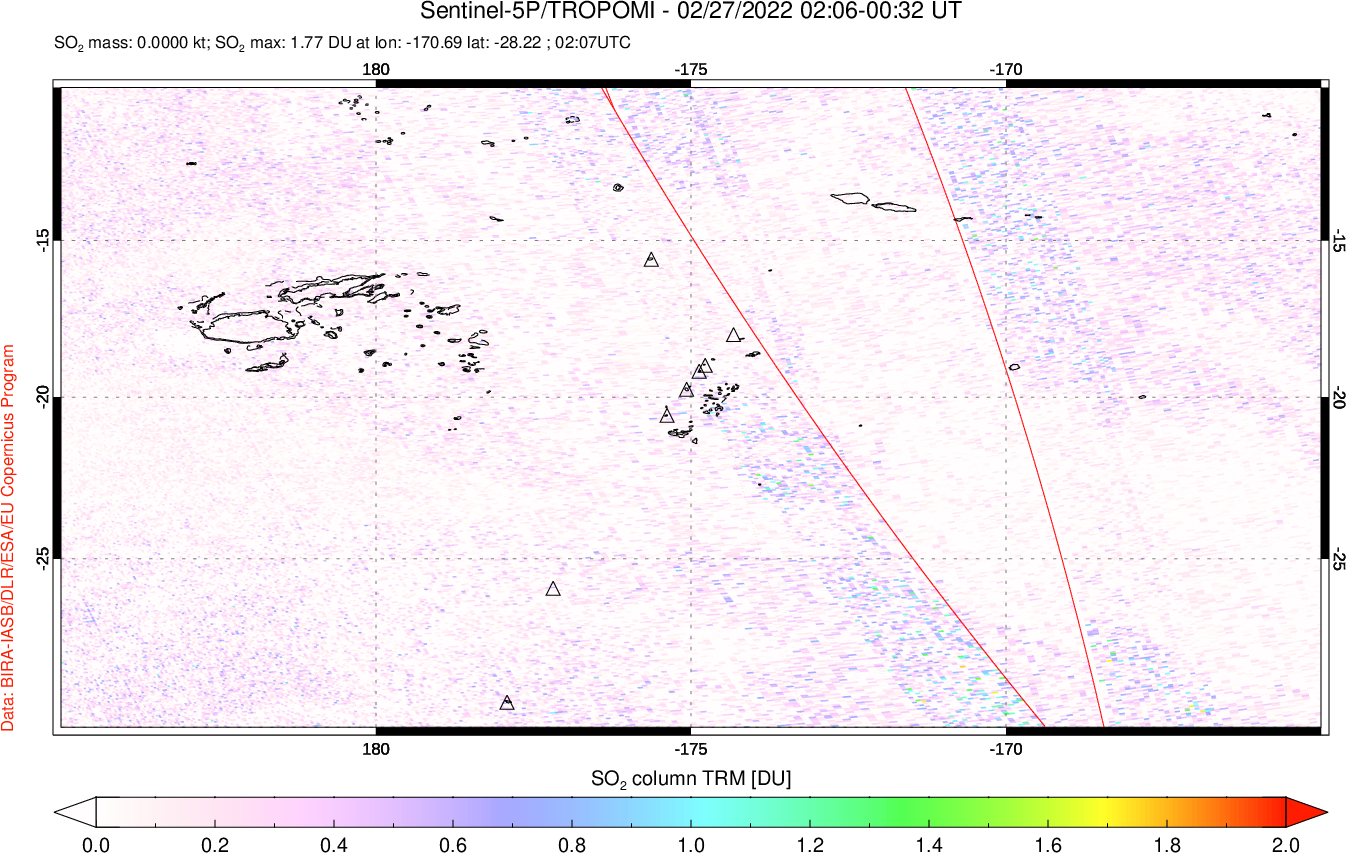 A sulfur dioxide image over Tonga, South Pacific on Feb 27, 2022.