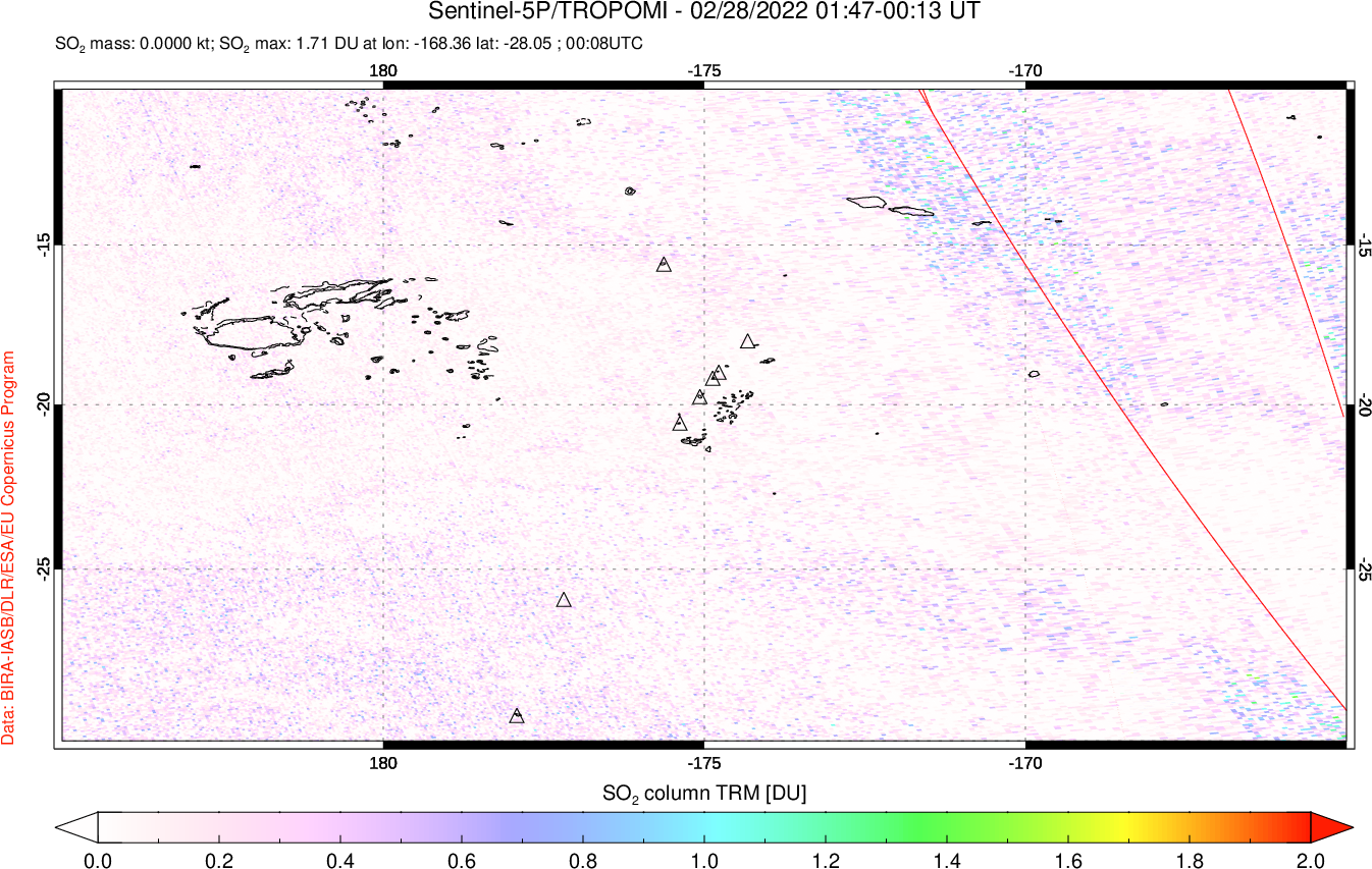 A sulfur dioxide image over Tonga, South Pacific on Feb 28, 2022.