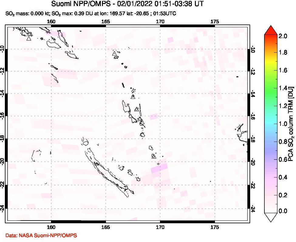 A sulfur dioxide image over Vanuatu, South Pacific on Feb 01, 2022.