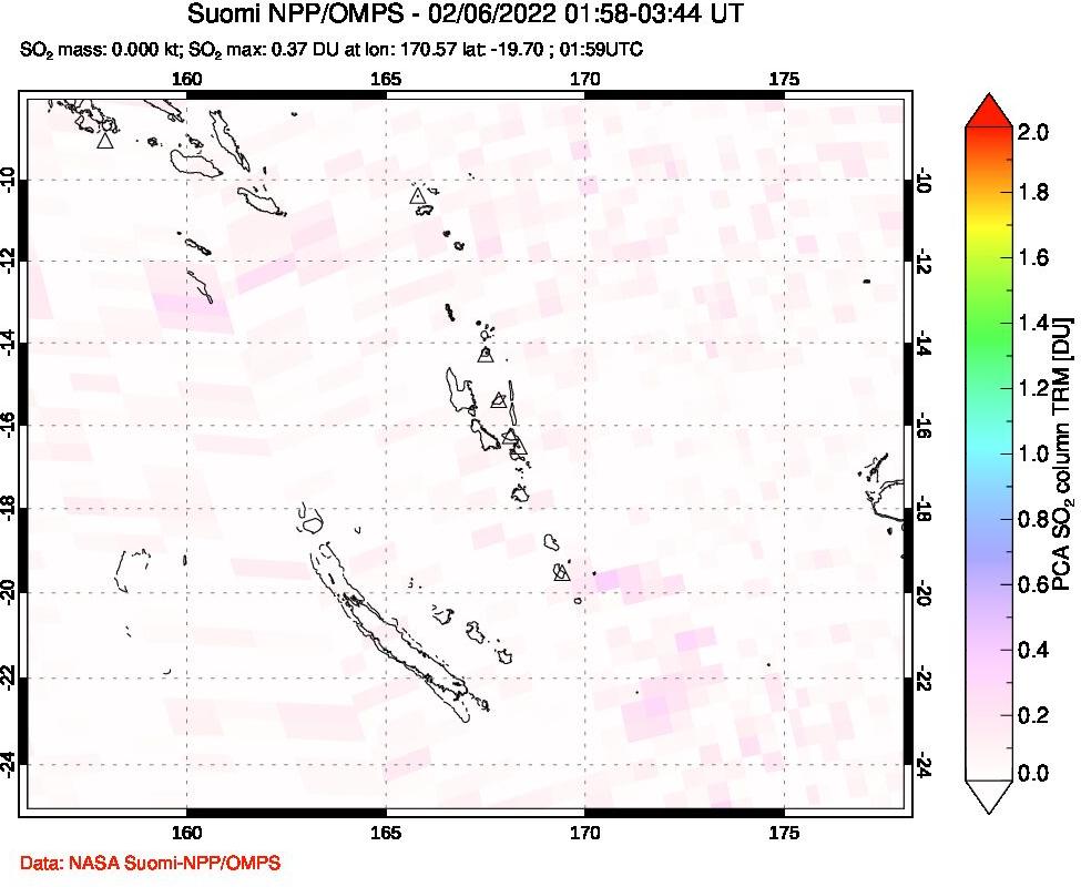 A sulfur dioxide image over Vanuatu, South Pacific on Feb 06, 2022.