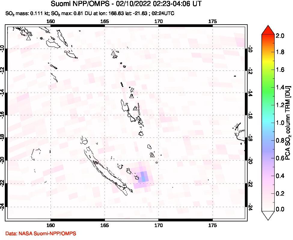 A sulfur dioxide image over Vanuatu, South Pacific on Feb 10, 2022.
