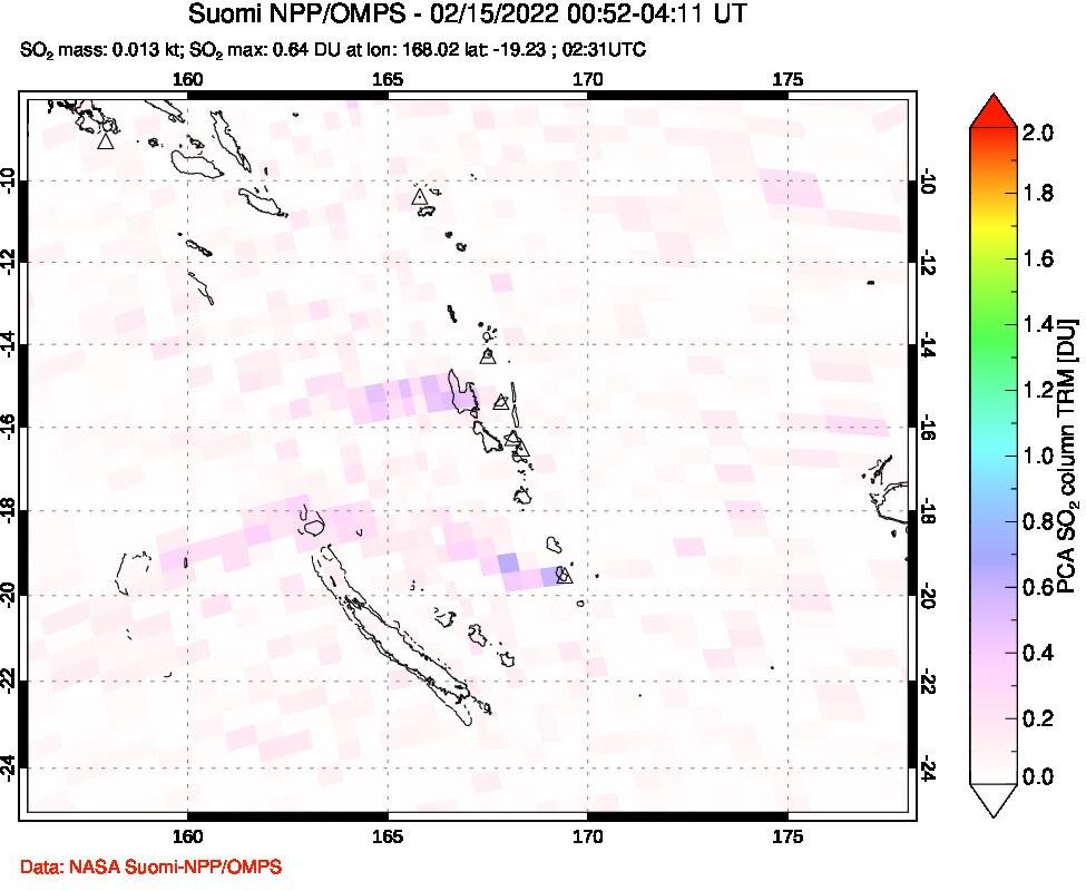 A sulfur dioxide image over Vanuatu, South Pacific on Feb 15, 2022.