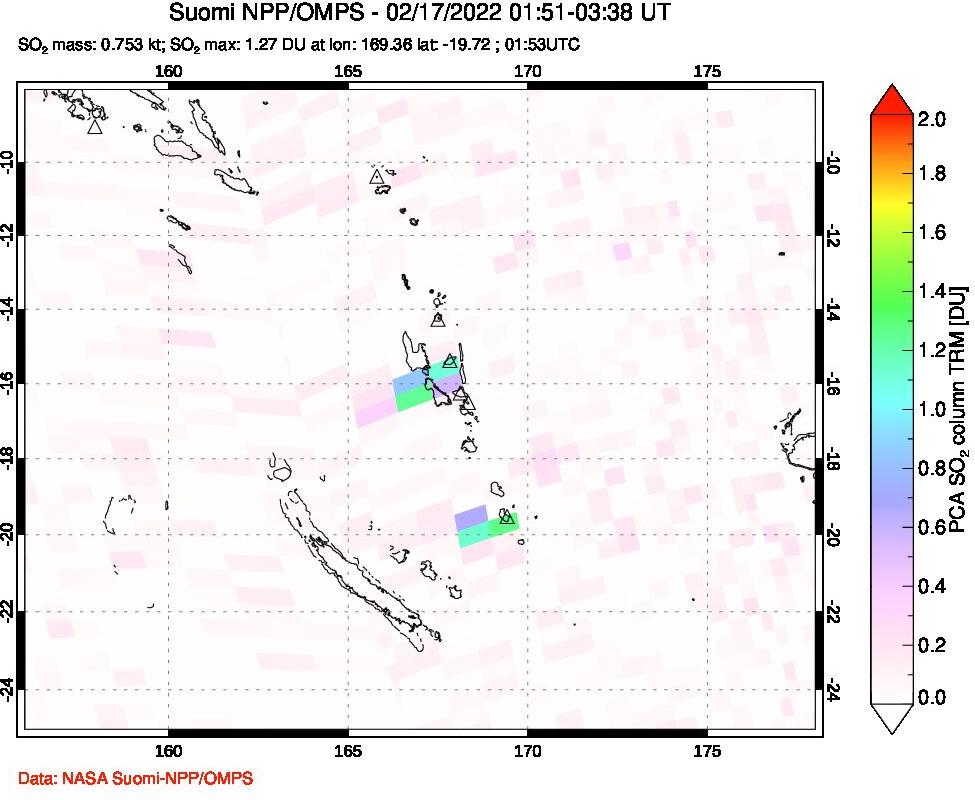 A sulfur dioxide image over Vanuatu, South Pacific on Feb 17, 2022.