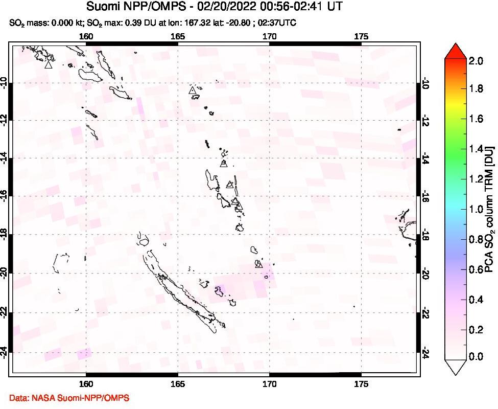 A sulfur dioxide image over Vanuatu, South Pacific on Feb 20, 2022.