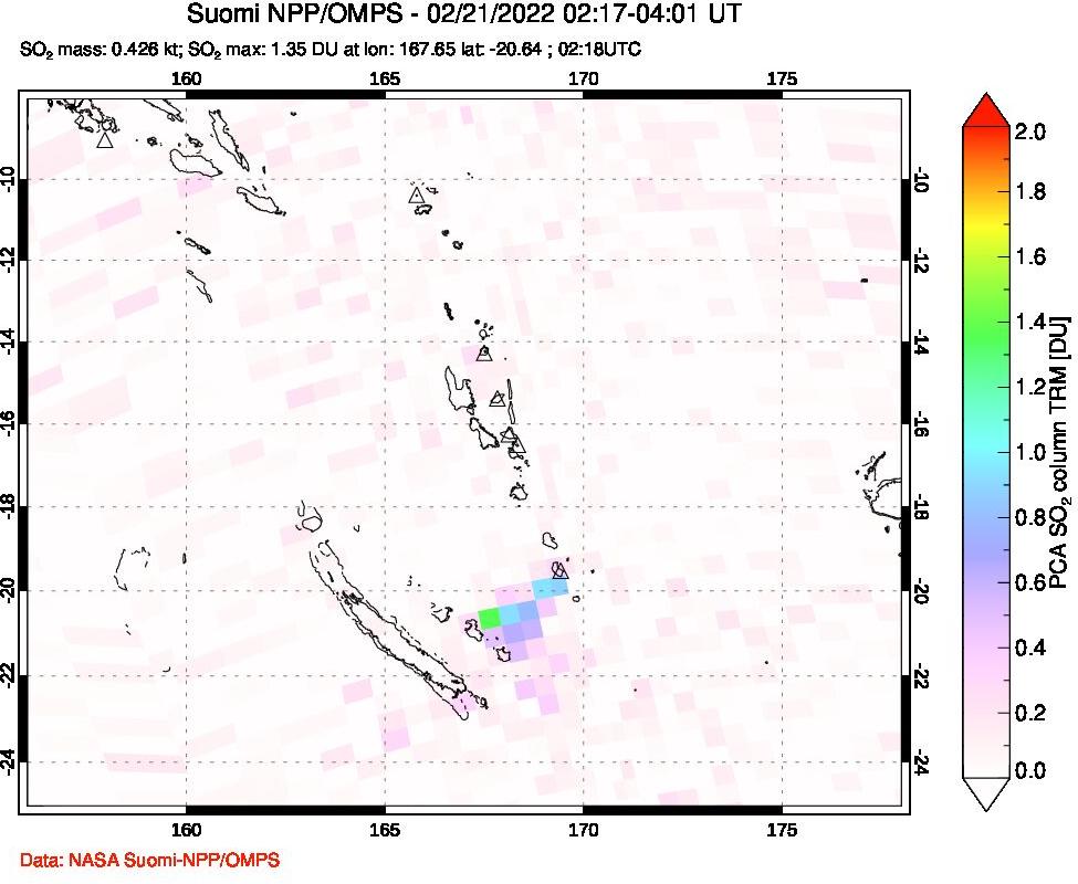 A sulfur dioxide image over Vanuatu, South Pacific on Feb 21, 2022.