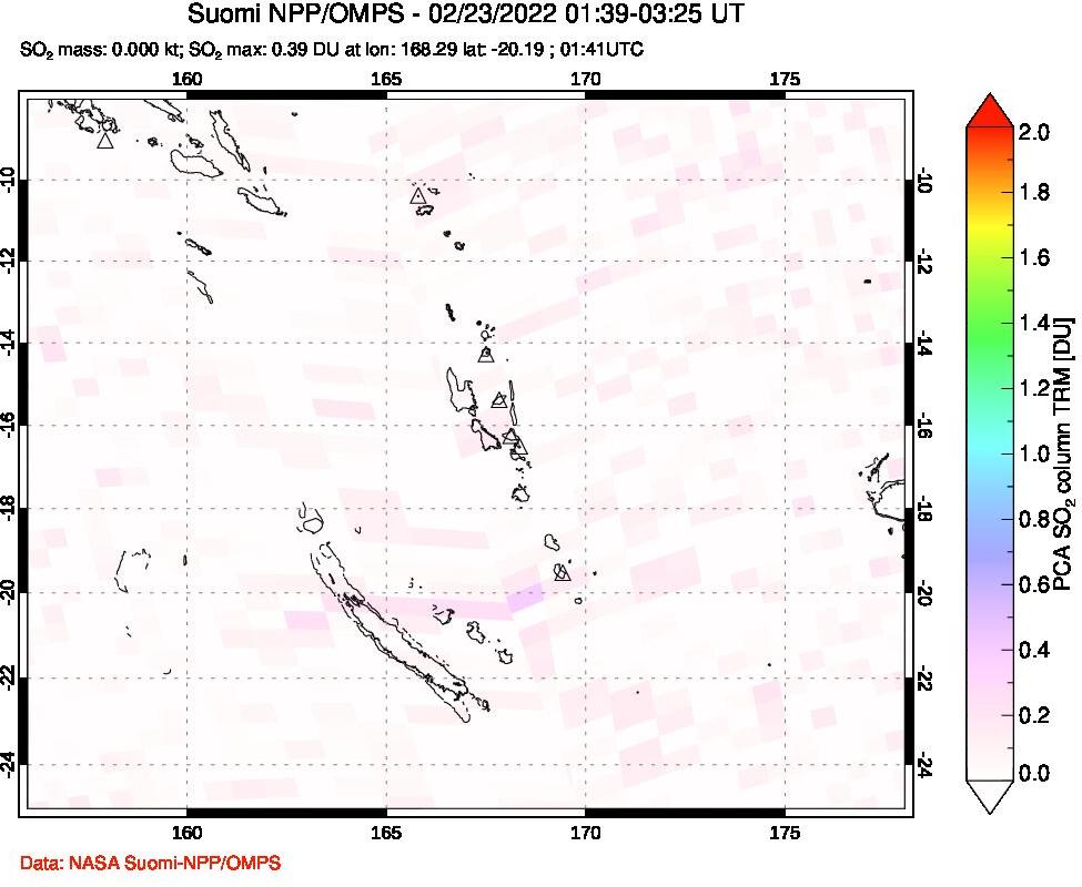 A sulfur dioxide image over Vanuatu, South Pacific on Feb 23, 2022.