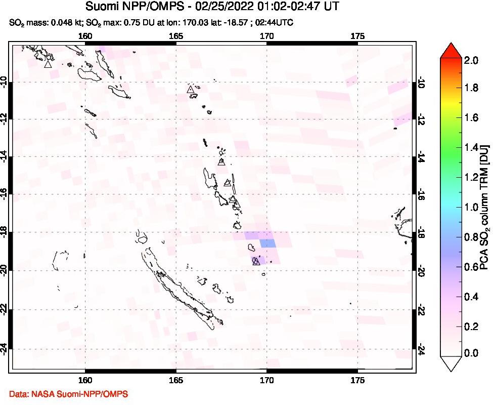 A sulfur dioxide image over Vanuatu, South Pacific on Feb 25, 2022.