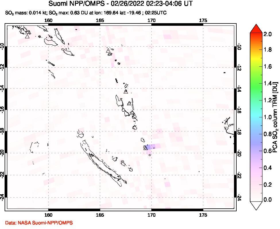 A sulfur dioxide image over Vanuatu, South Pacific on Feb 26, 2022.