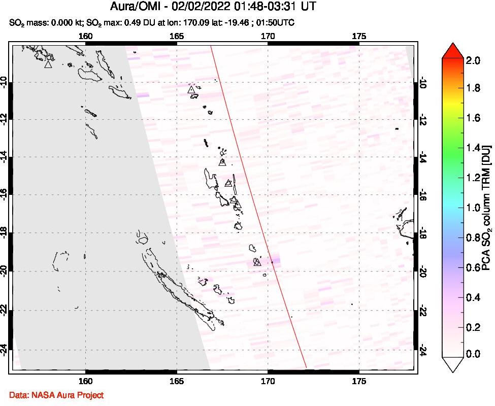 A sulfur dioxide image over Vanuatu, South Pacific on Feb 02, 2022.