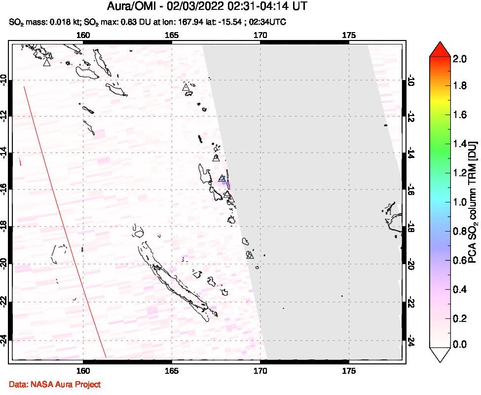 A sulfur dioxide image over Vanuatu, South Pacific on Feb 03, 2022.