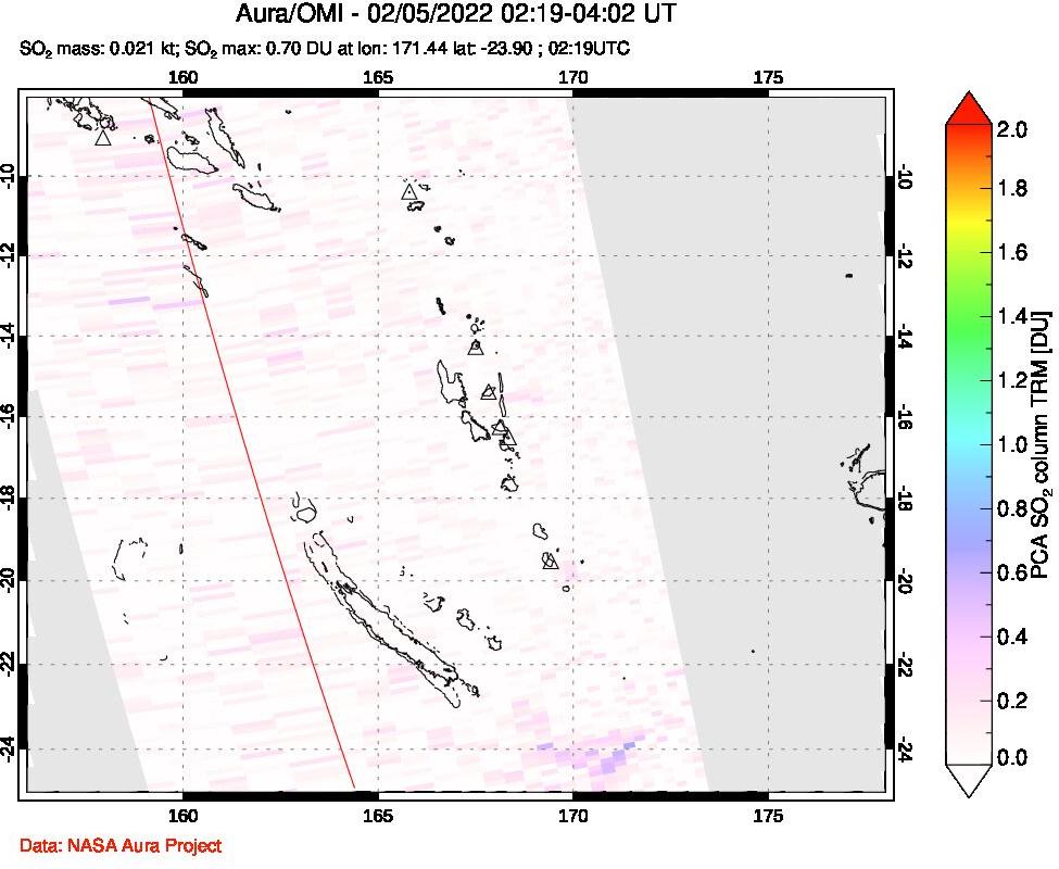 A sulfur dioxide image over Vanuatu, South Pacific on Feb 05, 2022.