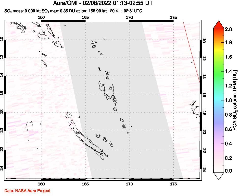 A sulfur dioxide image over Vanuatu, South Pacific on Feb 08, 2022.