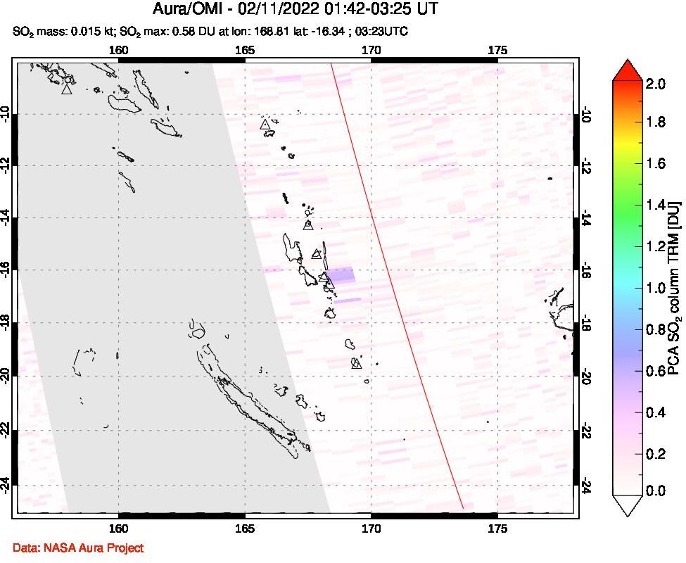 A sulfur dioxide image over Vanuatu, South Pacific on Feb 11, 2022.