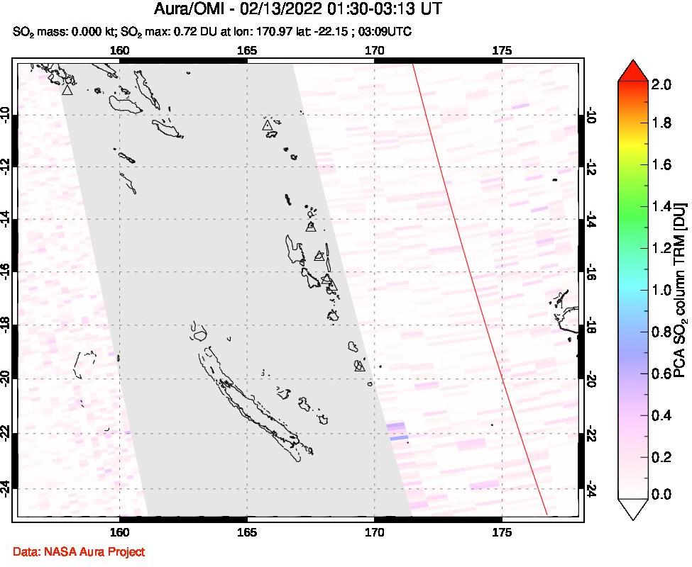 A sulfur dioxide image over Vanuatu, South Pacific on Feb 13, 2022.