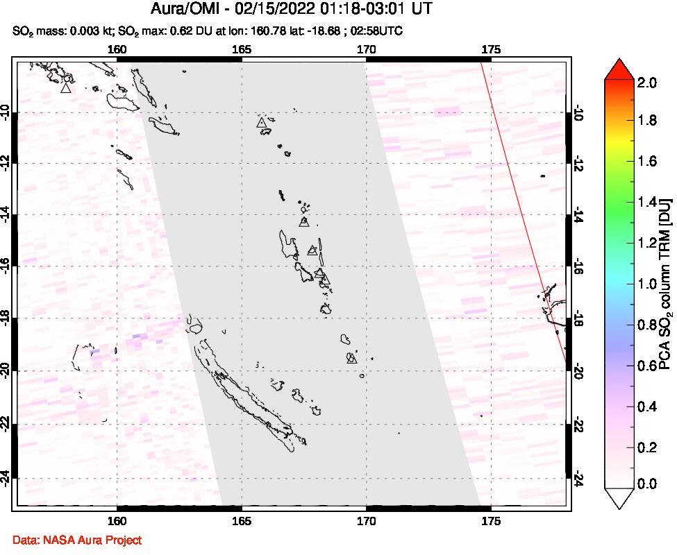 A sulfur dioxide image over Vanuatu, South Pacific on Feb 15, 2022.