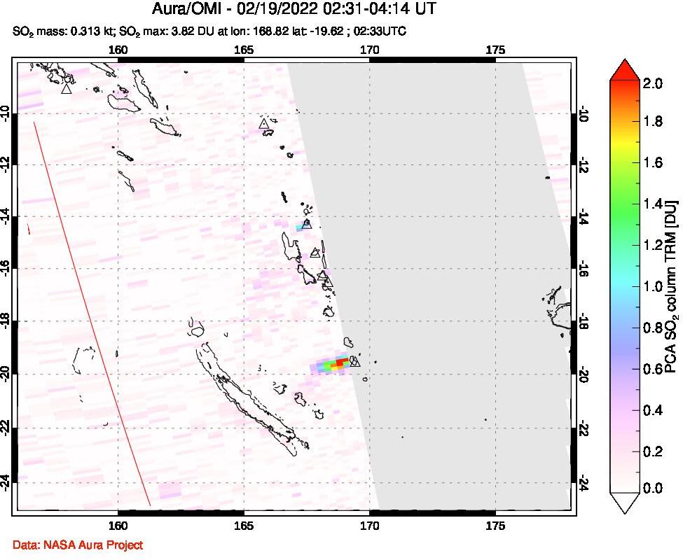 A sulfur dioxide image over Vanuatu, South Pacific on Feb 19, 2022.