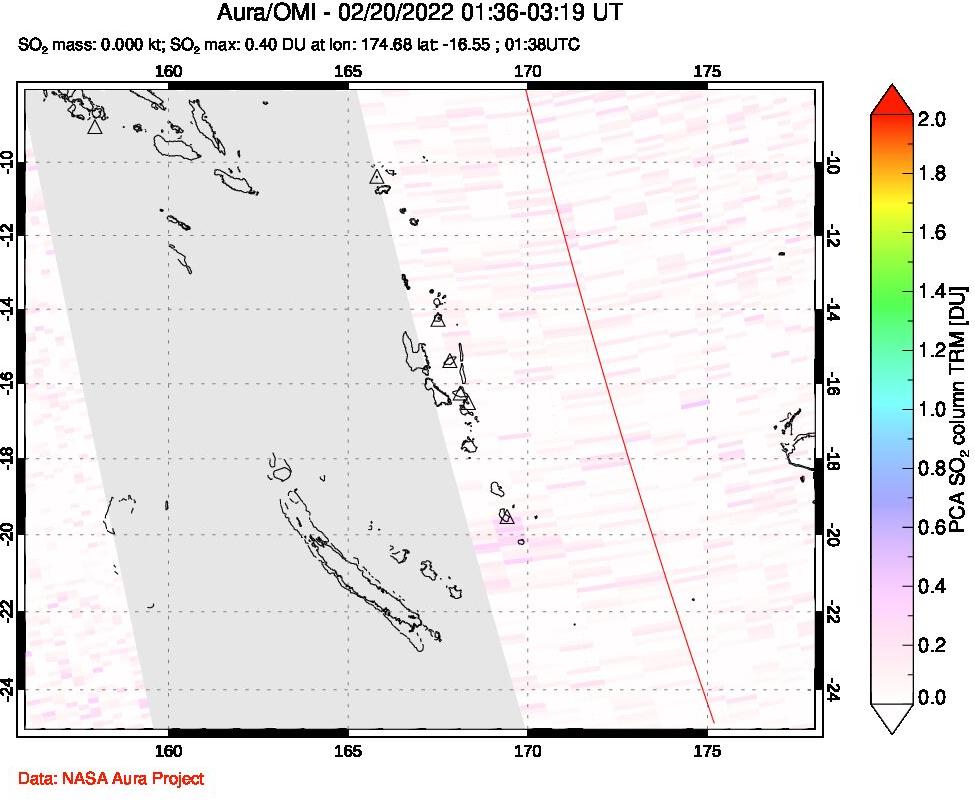 A sulfur dioxide image over Vanuatu, South Pacific on Feb 20, 2022.