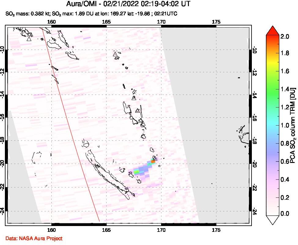 A sulfur dioxide image over Vanuatu, South Pacific on Feb 21, 2022.
