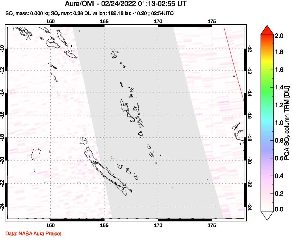 A sulfur dioxide image over Vanuatu, South Pacific on Feb 24, 2022.