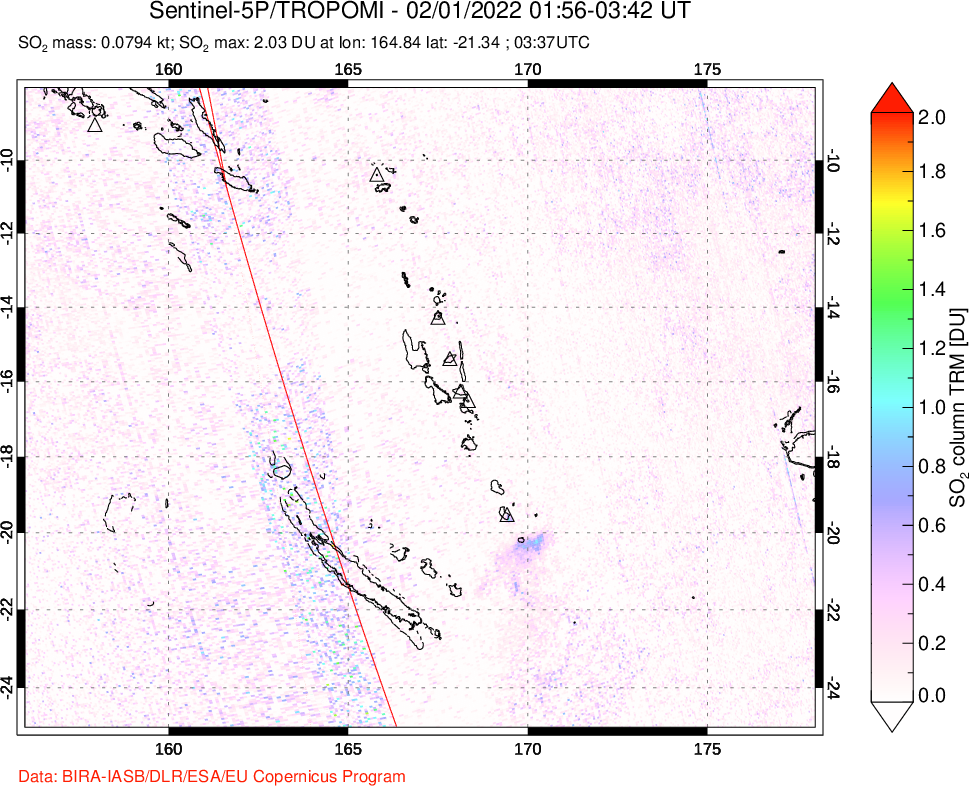 A sulfur dioxide image over Vanuatu, South Pacific on Feb 01, 2022.