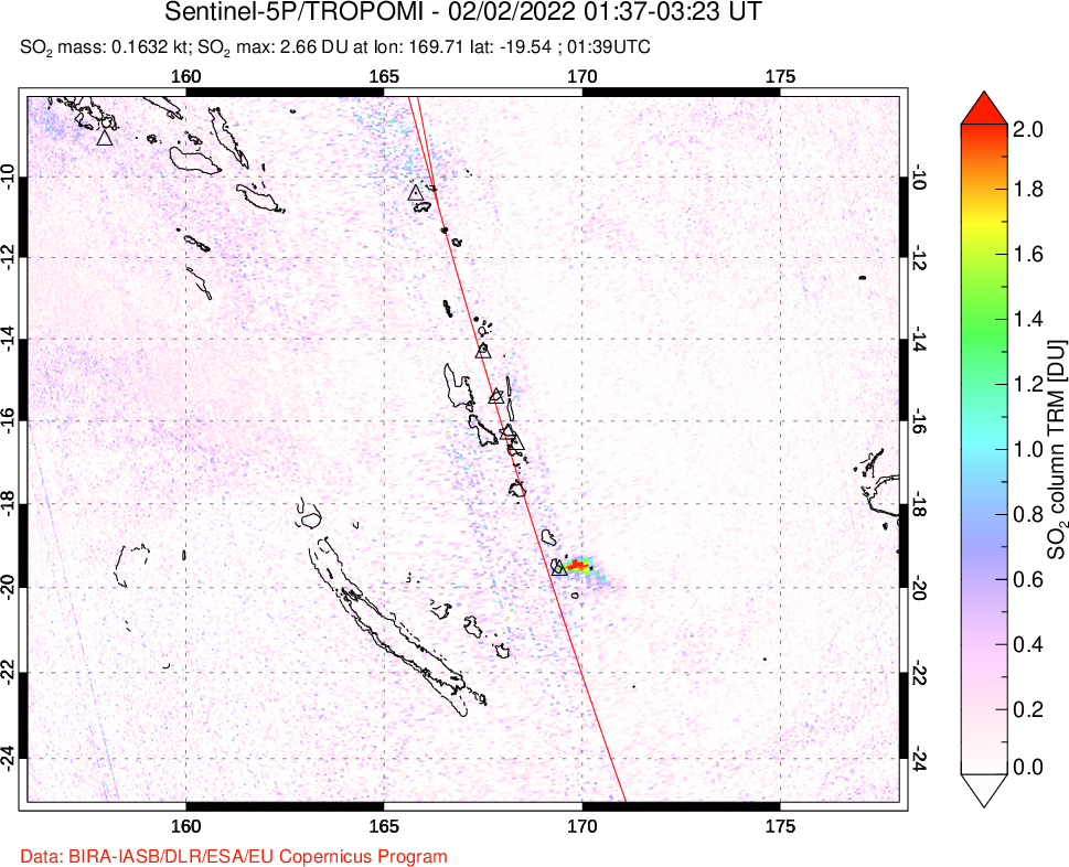 A sulfur dioxide image over Vanuatu, South Pacific on Feb 02, 2022.