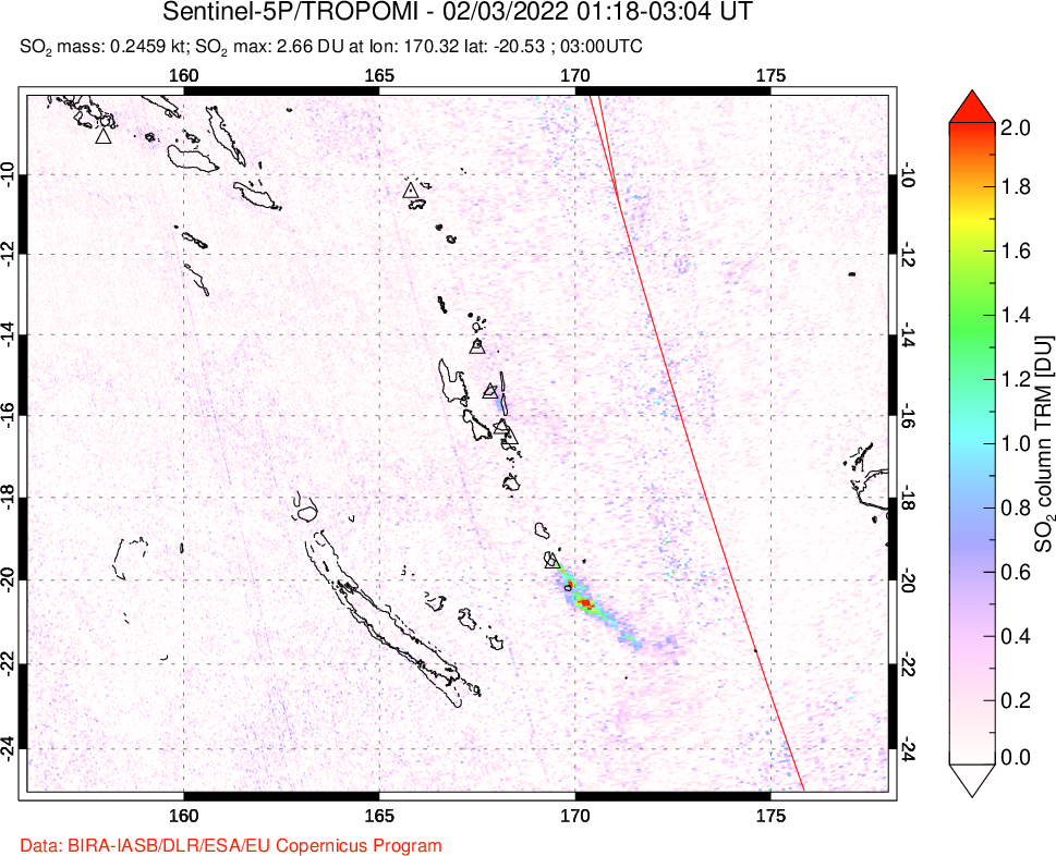 A sulfur dioxide image over Vanuatu, South Pacific on Feb 03, 2022.