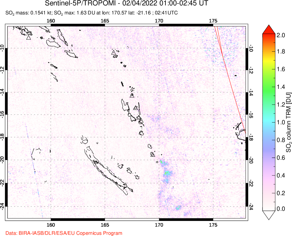 A sulfur dioxide image over Vanuatu, South Pacific on Feb 04, 2022.