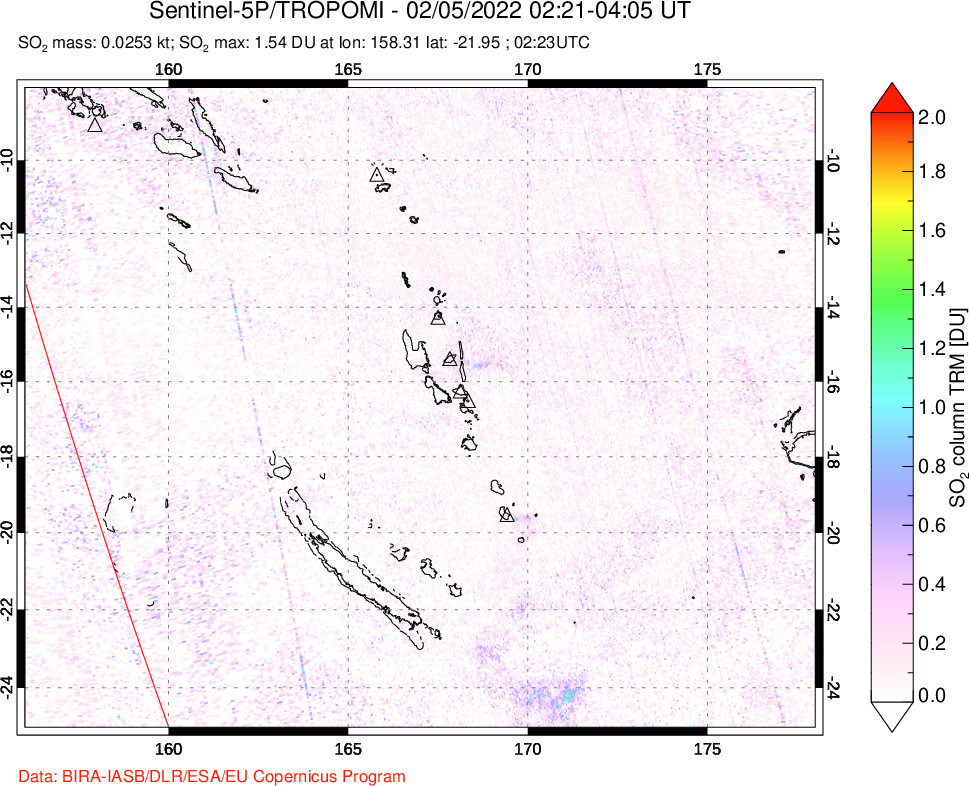 A sulfur dioxide image over Vanuatu, South Pacific on Feb 05, 2022.