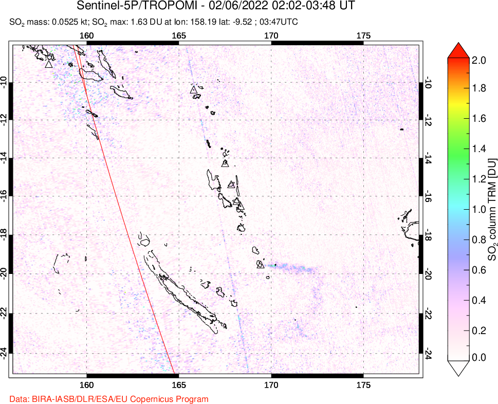 A sulfur dioxide image over Vanuatu, South Pacific on Feb 06, 2022.