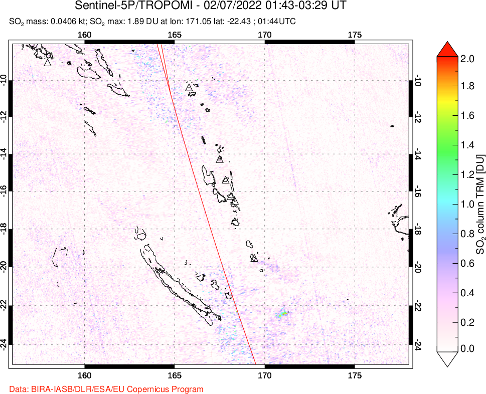 A sulfur dioxide image over Vanuatu, South Pacific on Feb 07, 2022.