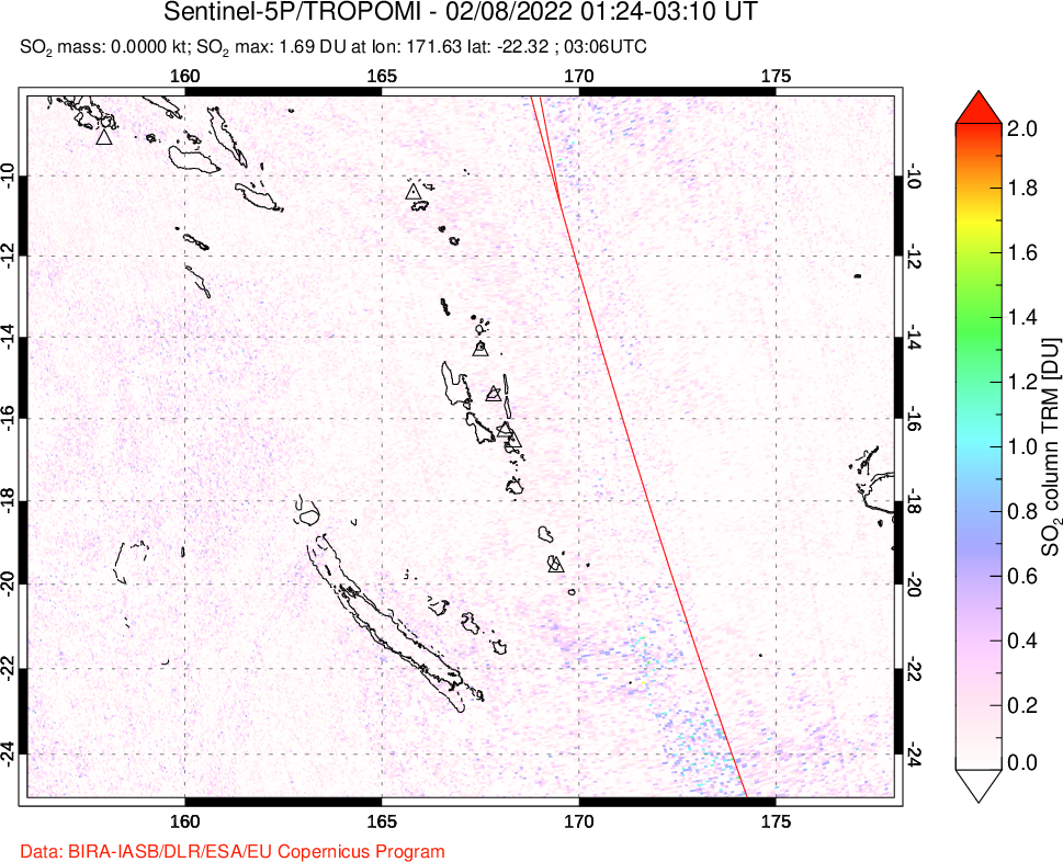 A sulfur dioxide image over Vanuatu, South Pacific on Feb 08, 2022.