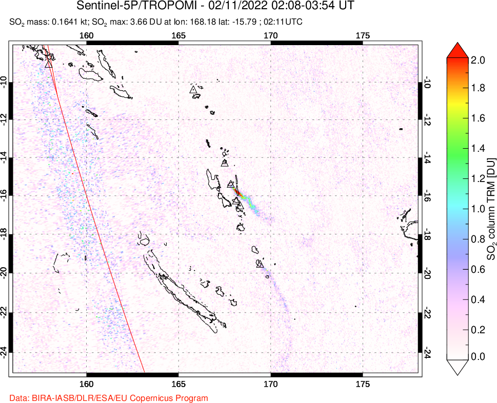 A sulfur dioxide image over Vanuatu, South Pacific on Feb 11, 2022.