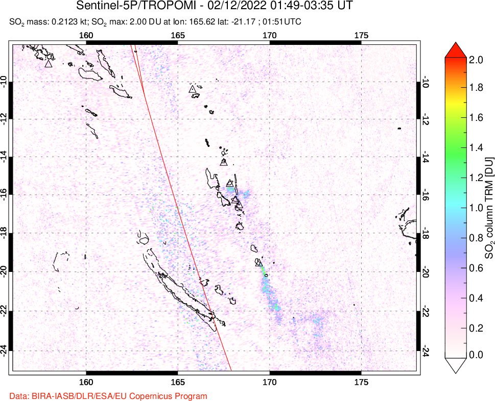 A sulfur dioxide image over Vanuatu, South Pacific on Feb 12, 2022.