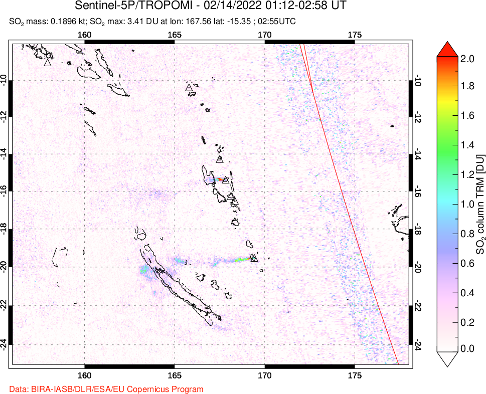 A sulfur dioxide image over Vanuatu, South Pacific on Feb 14, 2022.