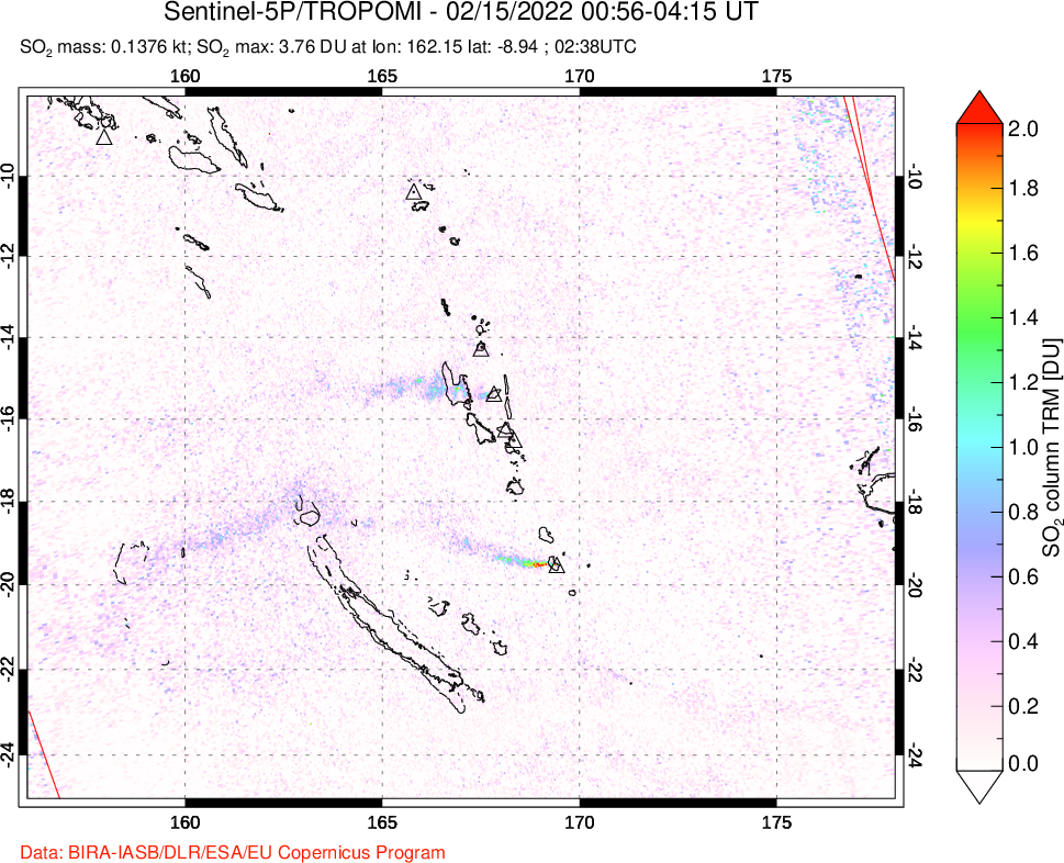 A sulfur dioxide image over Vanuatu, South Pacific on Feb 15, 2022.